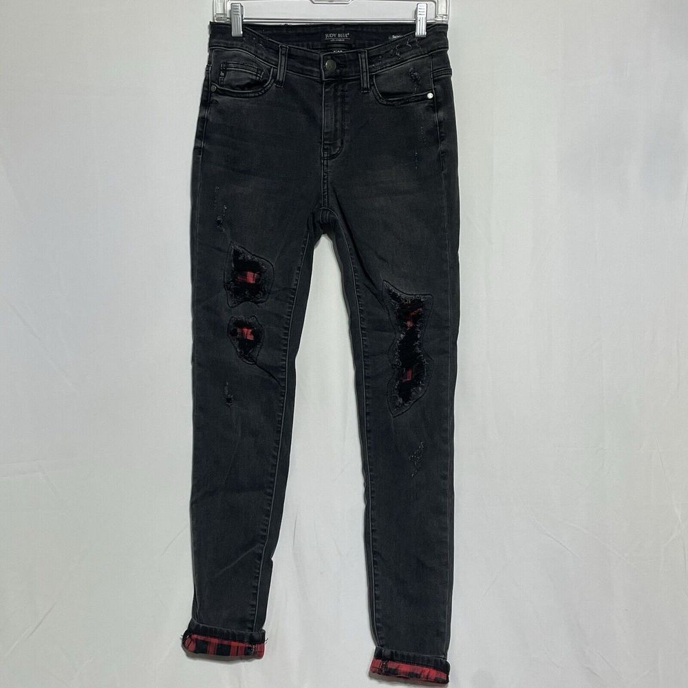 JUDY BLUE Jeans Women sz 5/27 Black Distressed‎ Skinny Fit Buffalo Plaid Patch